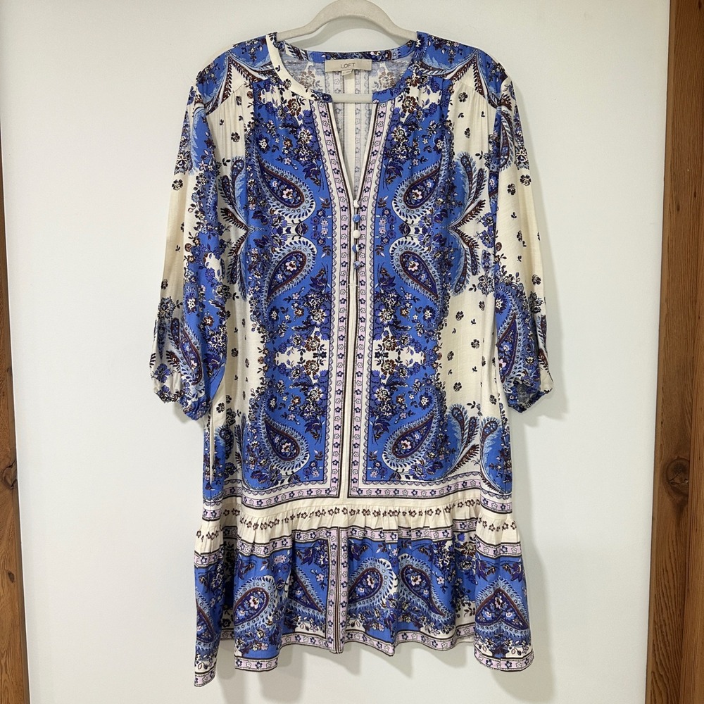 LOFT Women Small Blue White Paisley Floral Ruffle Hem Shift Dress Pockets Rayon